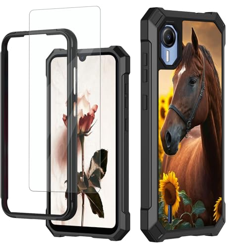 RAUEDWDJS for Cricket Debut S2 Case,At&t Calypso 4 Phone Case with Glass Screen Protector,Heavy Duty Hard PC & Soft TPU Bumper Shockproof Protective Phone Case for Cricket Debut S2-Sunflower Horse