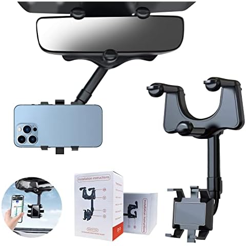 Galeidor Rearview Mirror Phone Holder, Rotatable & Retractable Car Mount for All Mobile Phones & Cars, Multifunctional 360° Adjustable Cover