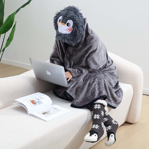 2pcs Wearable Animal Hooded Blanket for Women Girl Gift 60'' x 49'' Adult Blanket Cloak with Hoodie Fuzzy Slipper Sock - Image 4