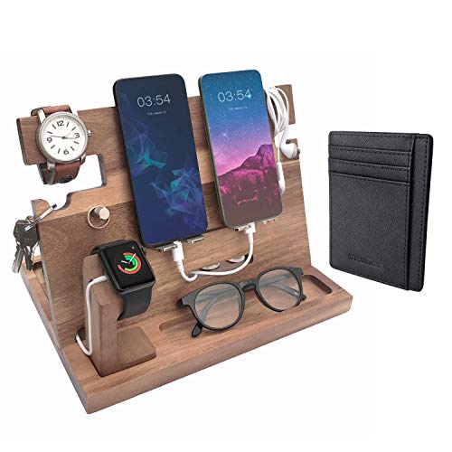 Eterluck Wooden Docking Station Men, Nightstand Organizer Bundle w/RFID Blocking Leather Wallet - Charging Station, Cell Phone Stand, Tablet Stand, Husband Gifts from Wife, for Dad -Natural