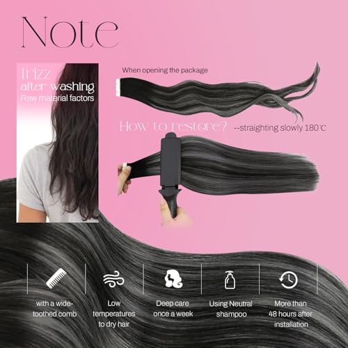 Image of Moresoo Tape in Extensions Human Hair Black Silver Balayage 12in 20Pcs 30g | Invisible tape in hair extensions, Remy straight texture, black silver contrast, flat tabs, short bob and daily styling