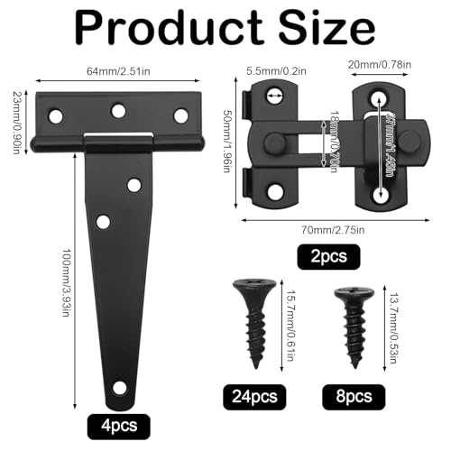 Türscharniere und Türriegel Schwarz für Holztüren, 4 Stück 4 Zoll T Scharnier Verzinkt und 2 Türriegel Außen 180° Klappbar mit 32 Schraube, T Scharniere klappbar schwerlast für Gartentor Grosse Tore
