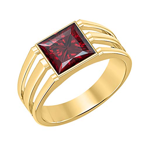 Gold & Diamonds Jewellery 14K Yellow Gold Plated Solitaire Princess Cut Red Garnet Men s Wedding Band Engagement Ring for Mens