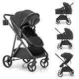 Gromast Cochecito 3 en 1, cochecito convertible para recién nacidos y niños pequeños con asiento reversible, capota con protección UPF 50+ y portavasos - Negro