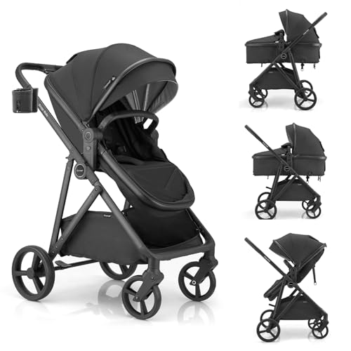 Gromast 3-in-1-Kinderwagen, wandelbarer Kinderwagen für Neugeborene, Säuglinge und Kleinkinder mit umkehrbarem Sitz, Sonnendach mit Lichtschutzfaktor 50+ und Getränkehalter – Schwarz