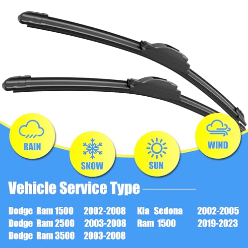Image of Gavimnal 24 inch+24 inch Silicone Wiper Blades Replacement For Dodge Ram 1500 2002-2008 Ram 2500 2003-2008 Ram 3500 2003-2008 Ram 1500 2019-2025,All-Season Front Windshield Wiper Blades(Set of 2)