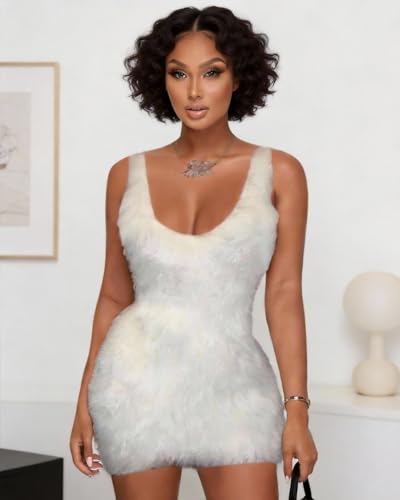 Image of Womens Faux Fur Mini Dress Fluffy Furry Backless Bodycon Short Dress Sleeveless Open Back Party Dresses
