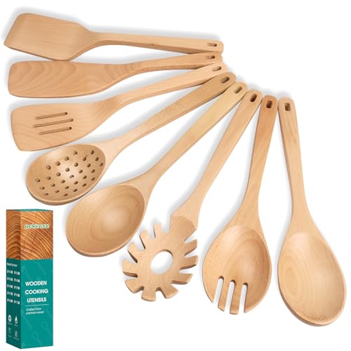 Wooden Spoons for Cooking, 8 Pcs Beech Wood Wooden Kitchen Cooking Spoon Utensil Tools Set Includes Spatula Skimmer Pasta Scoop Non-Stick Cookware Safe by HOWHONG