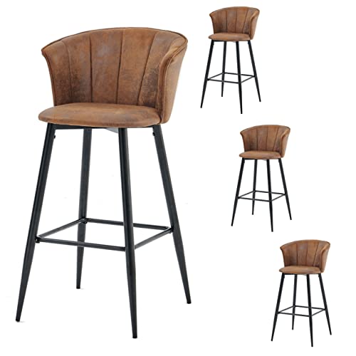 MEUBLE COSY Lot de 4 Tabouret de Bar Rétro Vintage avec Accoudoirs Dossier et Repose-Pieds, Chaises Rembourrés en Suède Marron, Siège de Cuisine de 72 cm...