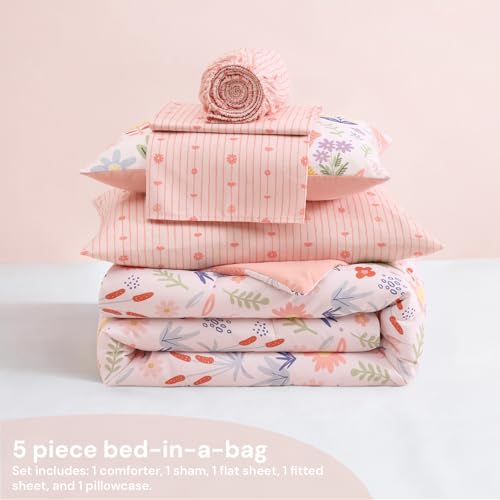 Image of BLOOMHAVEN Twin XL Comforter Set for Girls, 5 Pieces Pink Bedding Set with Pastel Flower, All Seasons Kids Twin Comforter Set with Sheets, Pillowcase & Sham
