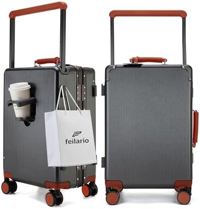 feilario Aluminum Frame Hardside PC Carry on Luggage - Wide Handle Double Spinner Wheels Suitcase Built-in TSA Lock & Cup Holder - 20in/24in