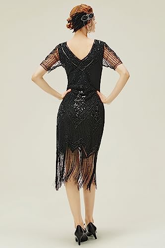 BABEYOND 1920s Art Deco Fringed Sequin Dress Roaring 20s Flapper Fancy Dress Black
