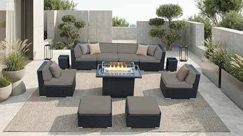 Fully Assembled Sunbrella Taupe Sectional 11 Piece Ohana Outdoor Patio Furniture Black Wicker Conversation Oversize Set with 42-inch Propane Gas Fire Table