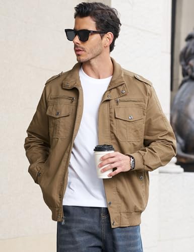 Image of EKLENTSON Men's Jacket | Military style, ribbed knit cuffs and hem, stand collar, zip closure with snap buttons, multi cargo pockets, for daily wear