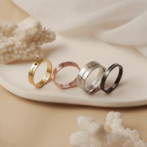 Anavia Personalized Name Date 2.5MM/4MM/7MM Stainless Steel Rings, Customized Message Dainty Plain Bands Glossy Gold Black Rings, Wedding Engagement Rings for Women Men2