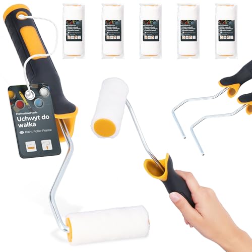 5x Rouleau Peinture 10 cm 2x Manche Support Ergonomique Kit Murs Plafonds Meubles Façade Travaux Rénovation Pratique Facile Surfaces Verticales Horizontales