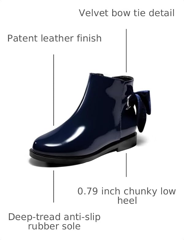 Coutgo Girls Ankle Boots Kids Bow Chunky Low Heel Side Zipper Dress Booties Fashion Fall Shoes, Navy Blue, Size 13 by Coutgo - Used condition - Image 2