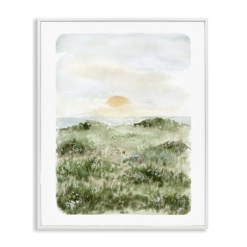 'Grassland Field Sun Peeking Ocean Horizon'| Framed Giclee Art