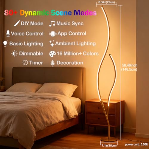 Image of DAYCENT RGBWIC Floor Lamp Modern LED Corner Lamps 1500 Lumen Smart Floor Lamps with Remote and 16 Million DIY Colors, Music Sync Standing Lamp for Living Room Bedroom Home Decor, Gold Finish