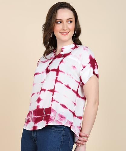 Image of Maaesa Women Handmade Regular Fit Tie-Dye Rayon Top | Casual Wear & Office Wear | Short Sleeve | Mandarin Neck | Lightweight & Breathable Fabric