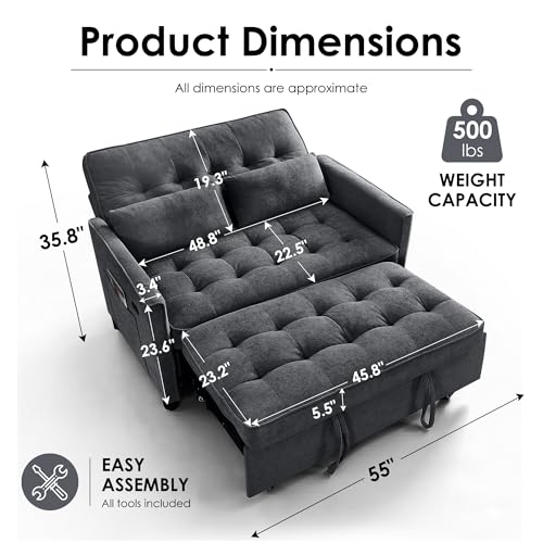 Image of Dreamzie 55'' 3 in 1 Convertible Sofa Bed with USB Charging Ports, Pull Out Couch with Adjustable Backrest and Side Pockets, Sleeper Sofa for Living Room, Apartment, RV, Easy Assembly - Dark Grey