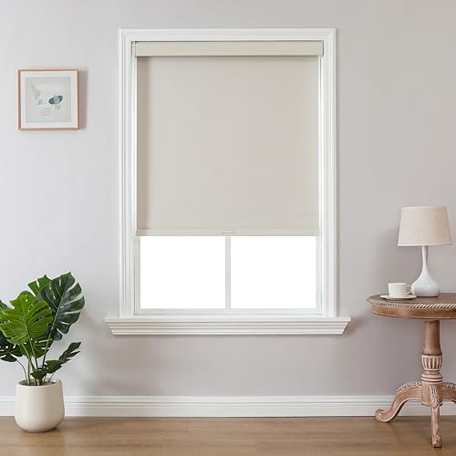 Joydeco 100% Blackout Roller Shades Cordless Blinds for Windows, Free-Stop Shades, UV Protection, Natural Woven Blinds for Home and Office, Light-Proof Aluminum Cover (Beige, 17" W x 48" H)