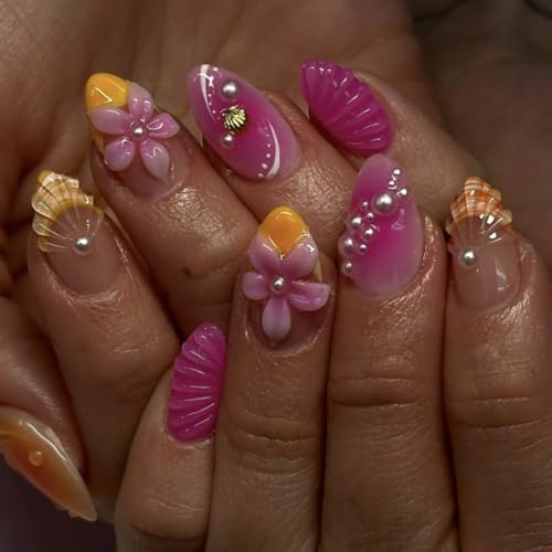 Flower Press on Nails Short Almond Fake Nails Spring Summer Nails Shell French Tip False Nails Press ons with Pearl Design Glossy Acrylic Reusable Glue on Nail for Women Manicure 24Pcs