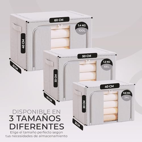 Miniatura 3 de Genérico Cajas De Almacenamiento Con Cremallera Y Ventana Pack 3 Unidades Tela Impermeable Con Marco Metálico Reforzado Gris Claro 100l