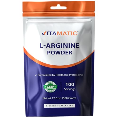 Vitamatic L-Arginine Pure Powder 500 Gram | Unflavored | Non GMO | Gluten Free | No Additives | 5000mg Per Serving | 100 Servings