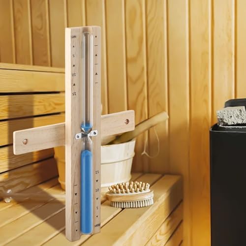 Sablier en bois de 15 minutes pour sauna, horloge sablier résistant à la chaleur avec verre transparent et sable de mer naturel, 32,6 x 10,9 x 8,9 cm (bleu)