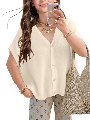 Putysenxi Girls Sweater Cardigans Tops Fashion Teen Spring Summer Batwing Short Sleeve Button Lightweight Casual Loose Top Off-White