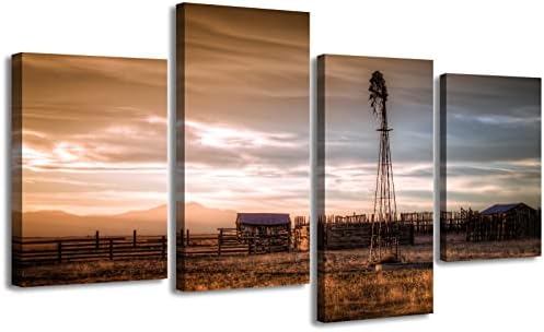 Western Wall Decor - Rustic Windmill Pictures Wall Decor - Farmhouse Barn Wall Art - Western Plains Dusk Landscape Painting Canvas Print - Home Bedroom Living Room Wall Decorations, Framed Ready to Hang