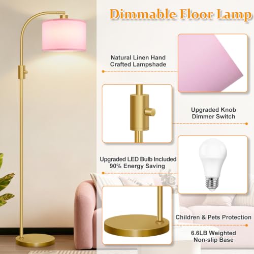 Image of Nintiue Dimmable Floor Lamp, 1200 Lumens LED Edison Bulb Included, Arc Gold Floor Lamps for Living Room Modern Standing Lamp with Pink Linen Shade