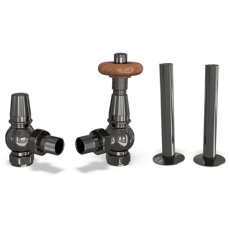 UK Radiators Black Nickel Thermostatic Radiator Valves and Angled Lockshield Valve - Polished Black Nickel Finish - Traditional Design 1/2" x 15mm Angled Radiator Valves with 130mm Pipe Sleeves