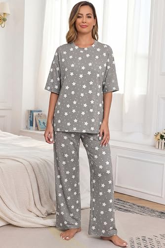 Image of PrinStory Womens Pajamas Sets 2 Piece Lounge Set Short Sleeve Tops and Long Pants Soft Pjs Loungewear with Pockets