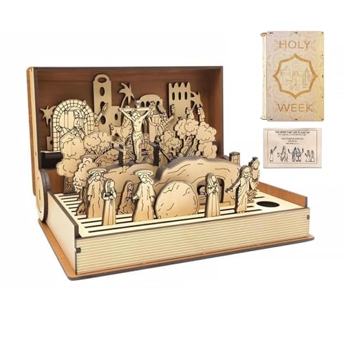 Gonggi Easter Holy Week Book Wooden Easters Resurrection Scene Set DIY Teaching Aid Christ Centered Keepsake Gift Handmade Family Home Decoration for Week Desktop Ornament
