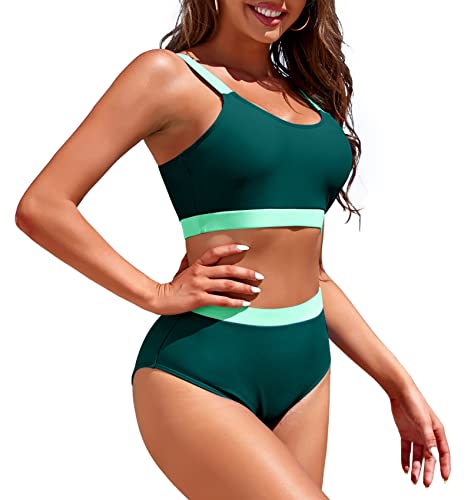 Image of Womens High Waisted Bikini Sets Sporty Crop Top Color Block Swimwear Bandeau Scoop Neck Vintage Two Piece Bathing Suits