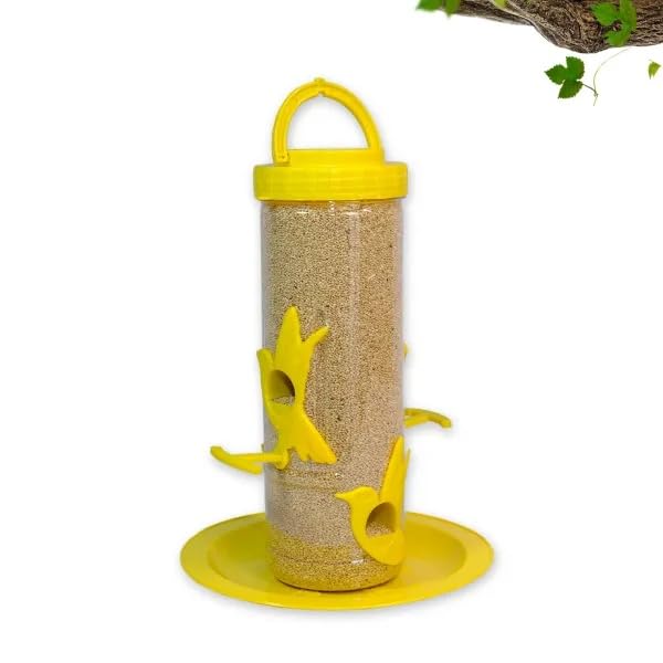 Image of Amijivdaya Medium Hanging Bird Feeder for Garden Balcony | 4 Feeding Ports | 700g Seed Capacity | Food-Grade Plastic | Easy Refill & Weatherproof (Yellow, Pack of 1)