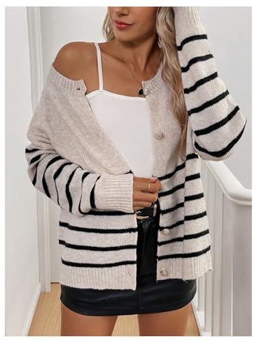 MakeMeChic Women's Striped Crew Neck Sweater Cardigans Button Down Long Sleeve Knitted Cardigan3