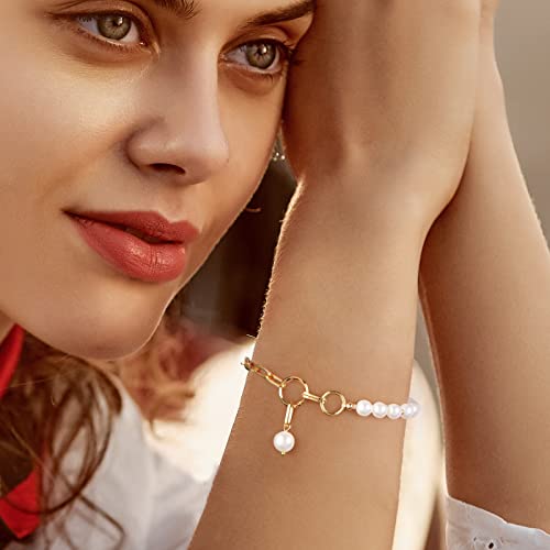 Gold Pearl Bracelets For Women - 16K Chain Paperclip Charm Dainty Bracelet Pearl Chain And Thick Link Ot Buckle Stitching Jewelry (Gold) #TOP4
