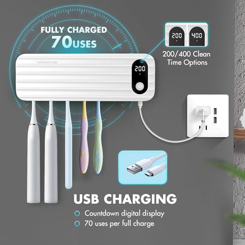 Auntyfey Sanitizeri Toothbrush Cleaner with 5 Slots, Smart Sanitizeri Toothbrush Holder Organizer, Cordless No Drilling Wall Mounted Rechargeable Holders for Bathroom Family, 200/400s Timer Function