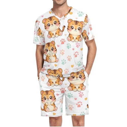 Mens Short Sleeve Pajama Set Cute Tiger Pattern Prints Design 2-piece Lounge Sleep Sets Men's Sleepwear S-XXL