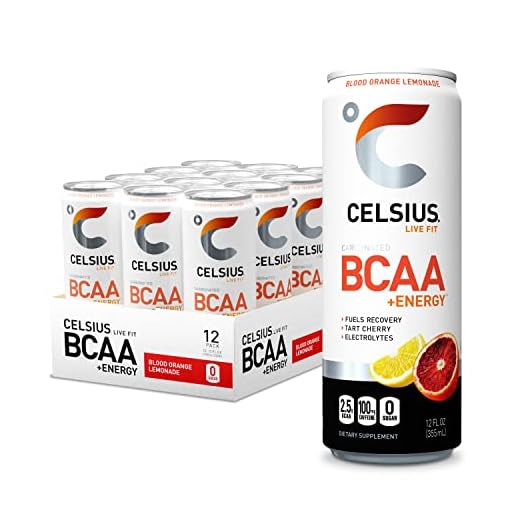 CELSIUS BCAA +Energy Sparkling Post-Workout Recovery & Hydration Drink, Slim Can, Blood Orange Lemonade, 12 Fl Oz (Pack of 12)