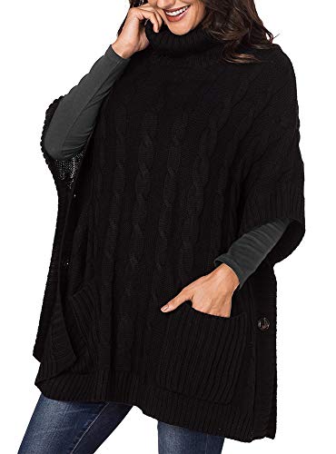 Women's Poncho Sweater Turtle Cowl Neck Batwing Sleeve Pullover Sweaters with Pockets3