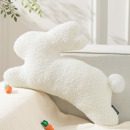 Phantoscope Happy Easter Bunny Shaped Throw Pillow Plush Boucle Jumping Rabbit Cushion Sherpa Easter Decorative Pillow for Couch Living Room Bed Off White 14.5 x 21.5 inches
