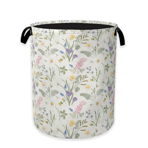 Image of Collapsible Laundry Basket,Wildflower Dirty Clothes Hamper,Colorful Floral Leaves Hampers for Bedroom Waterproof Oxford Cloth Storage Organizer for Bathroom,Nursery,Dorm,16x20 Inch