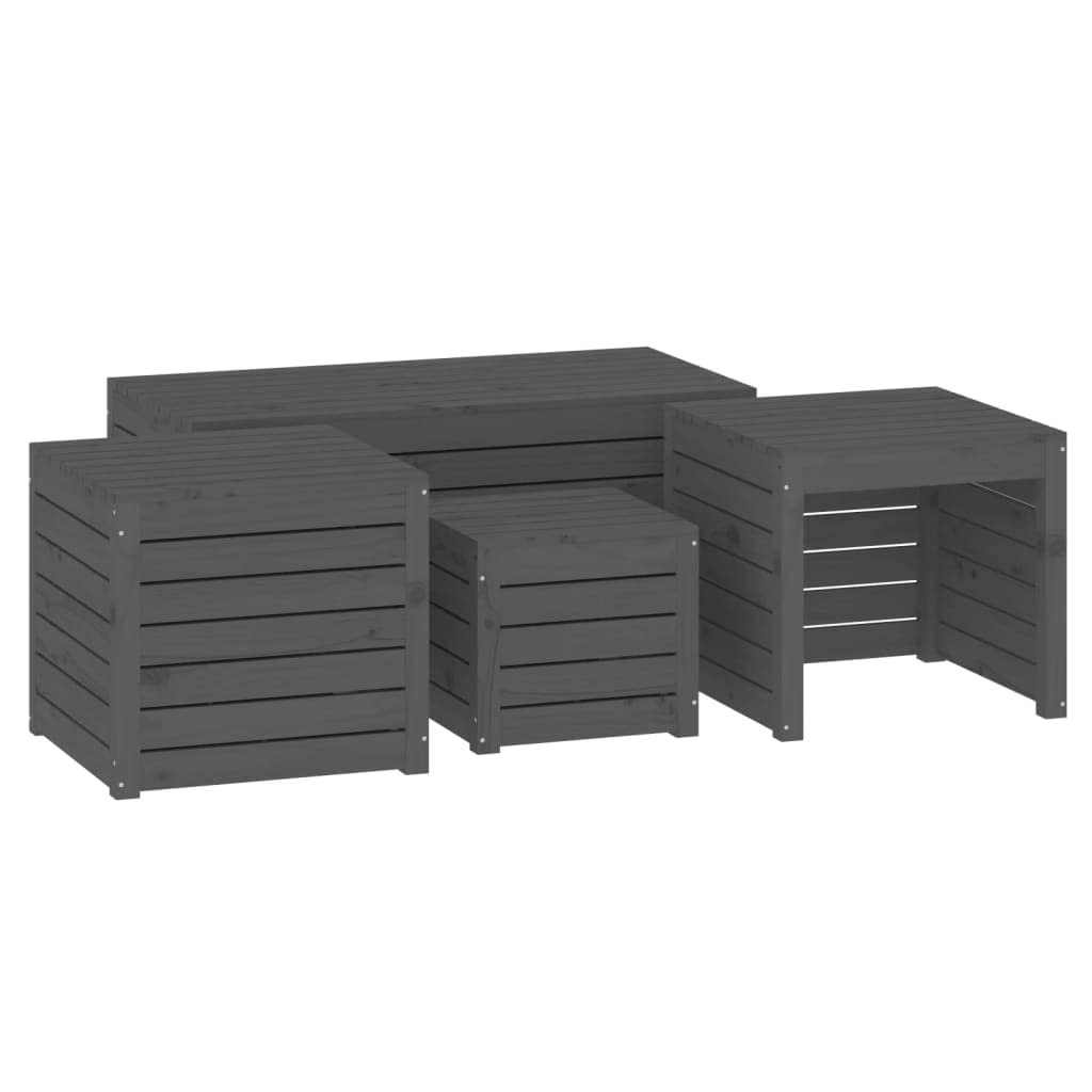 4-tlg. Gartenbox-Set Grau aus Massivholz Kiefer mit Deckel für Stauraum und Sitzgelegenheit, robuste Aufbewahrungstruhen für Terrasse und Außenbereich, wetterfeste Gartenmöbel