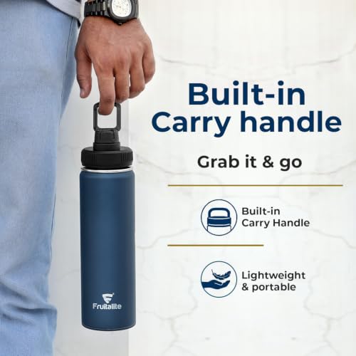 Image of Fruitalite Thermosteel Insulated Fruit Infuser Water Bottle- 700ml with Screw /Spout Lid, Steel Infusion Rod, Infused Detox Recipe eBook, Double-Wall Vacuum Stainless Steel Bottle- Midnight Blue