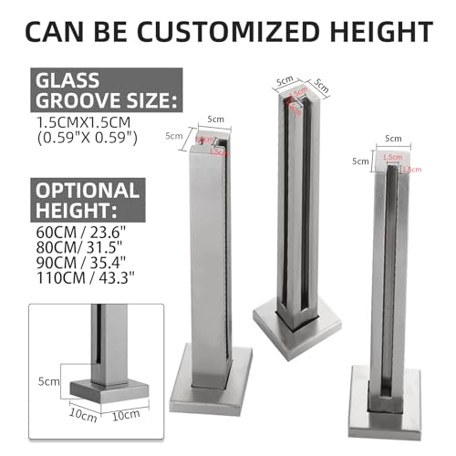 Cvter aus Edelstahl Glasgeländer pfosten mit Einsteckenden 90cm – Schwerlastbereich Glasmontageklemme für Veranda, Stufen, Garten, Terrasse, Treppe, Silbernes