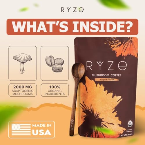 Image of RYZE SUPERFOODS Mushroom Medium Roast Coffee Starter Kit, USDA Organic Instant Coffee with 6 Adaptogenic Mushrooms and for Energy, Focus, Digestion, Immunity with Lions Mane & Turkey Tail 60 Serving